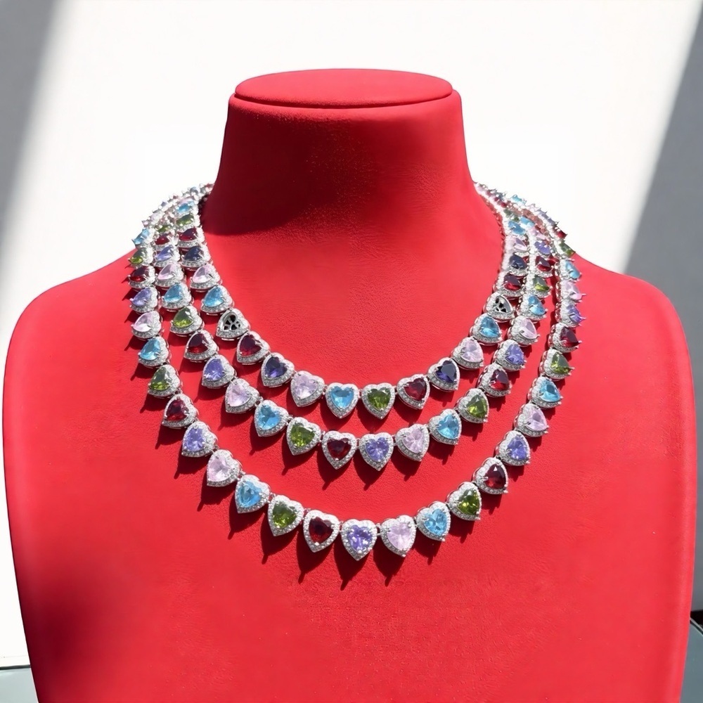Multicolor Heart Gemstone Layered Necklace 16inch  - Women Jewelry